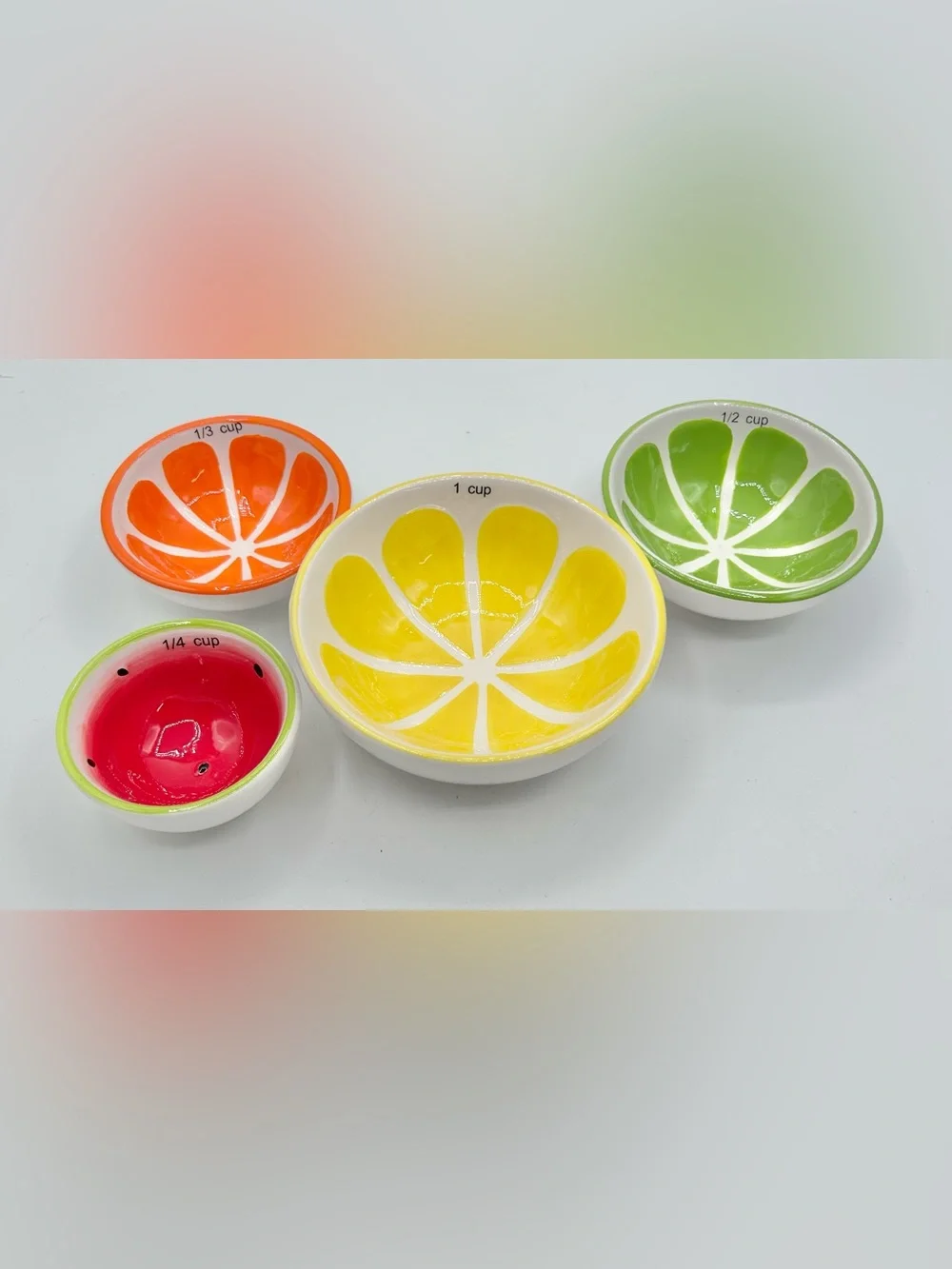 Fruit Themed Ceramic Nesting Measuring Cup Bowls Set of 4 New Damage